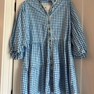Printfresh Blue and White Gingham Tiered Shirt Dress
